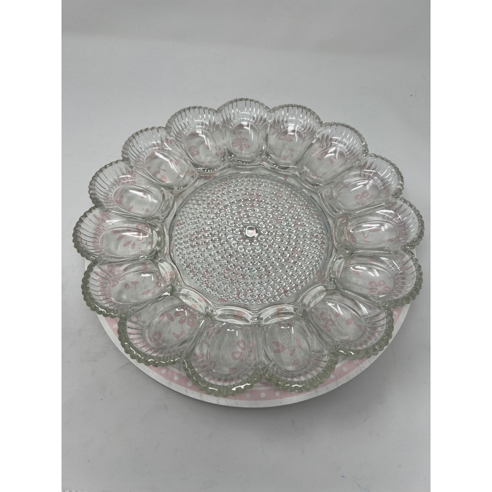 Vtg INDIANA GLASS Deviled Egg Plate Platter Clear Hobnail Scalloped Edge 15 Slot